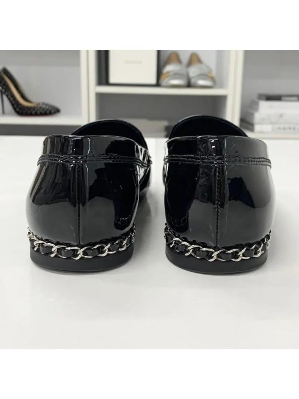 Chanel Patent Coco Mark Chain Loafers Black White